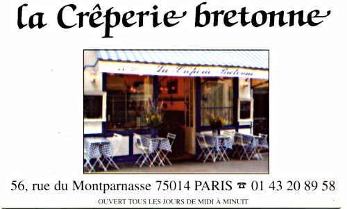 carte visite de la Crêperie bretonne, 56 rue du Montparnasse, Paris